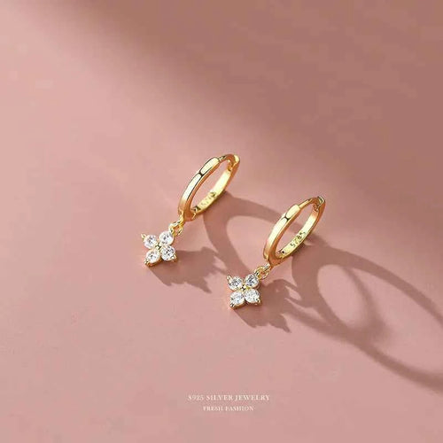 1 Pair 925 Sterling Silver Zircon Four Leaf Clover Drop Earrings